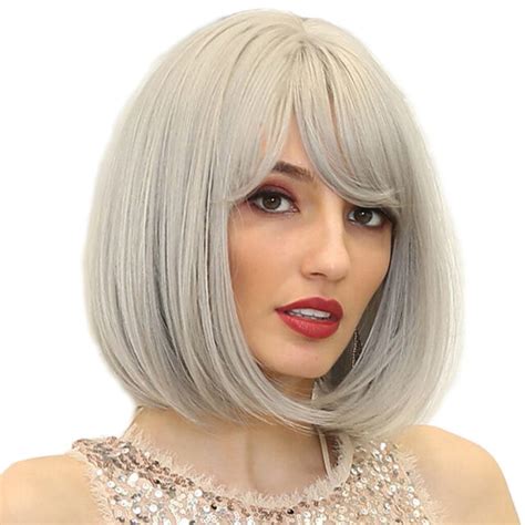 Salon Silver Gray Short Straight Women Synthetic Hair Wig With Thin