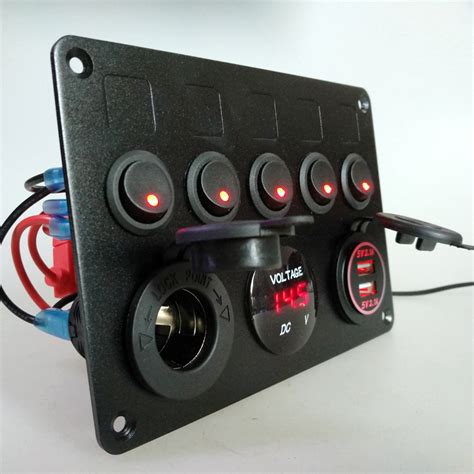 12v 24v 5 Gang Inline Fuse Box Led Rocker Switch Panel 2 Usb Charger