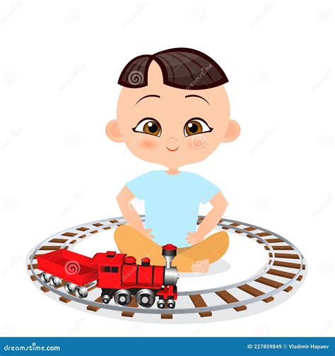 Chico Japonés Con Tren De Juguete Niño Jugando Con El Tren Estilo De
