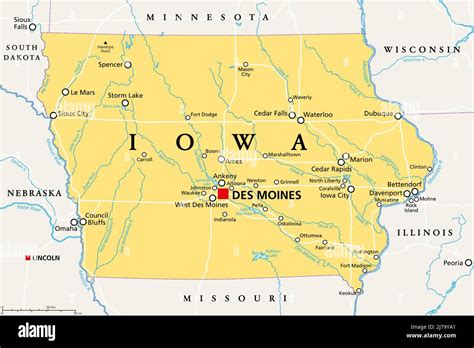 Iowa Ia Mapa Político Con La Capital Des Moines Y Las Ciudades Ríos