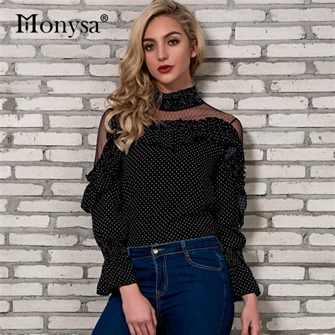black and white polka dot blouses women 2018 flare long sleeve chiffon patchwork mesh tops