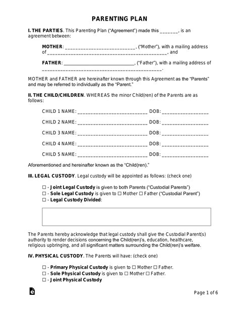 Free Custody Parenting Plan Agreement Template Pdf Word Eforms