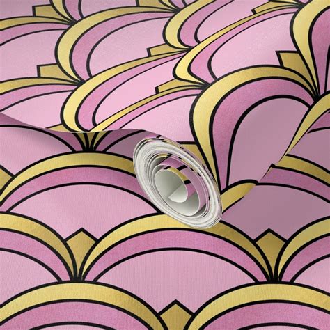 Art Deco Fan Pattern In Pink And Gold Wallpaper Spoonflower