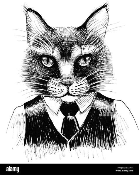 Cat In Suit Ink Black And White Illustration Stock Photo Alamy