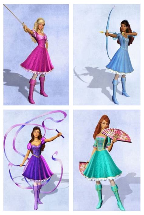 four different colored dresses and umbrellas for the barbie doll game which is based on disney