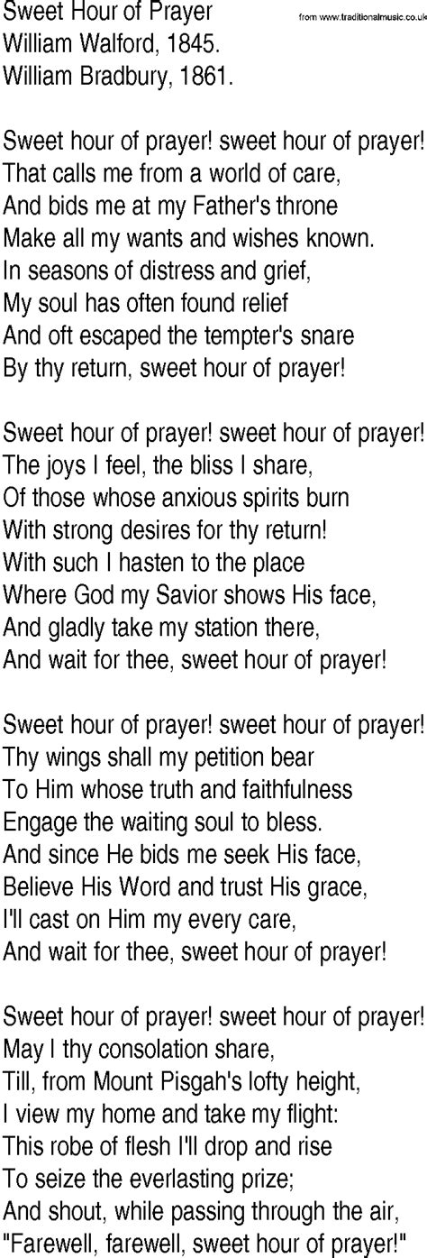 Hymn And Gospel Song Lyrics For Sweet Hour Of Prayer By William Walford