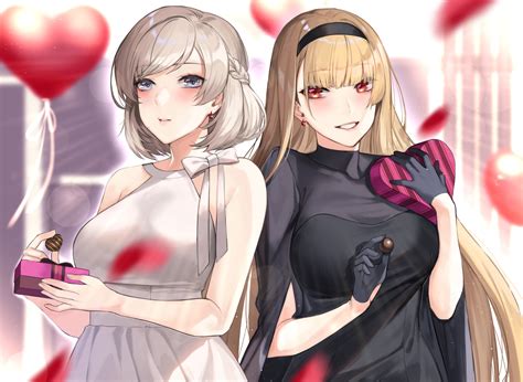 2girls blonde hair blue eyes braids candy chocolate deras dress gloves gray hair headband long