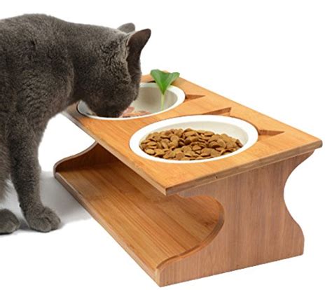 15° Tilted Platform Pet Feeder Solid Bamboo Stand With Ceramic Bowls