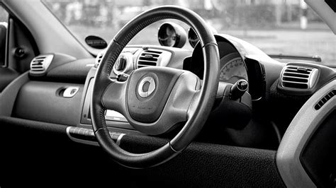 Car Interior Black And White Monochrome Grayscale Steering Wheel