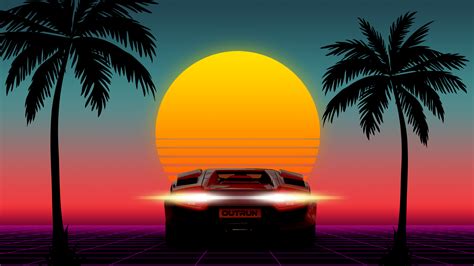 1980s 80s Sunset Car Lamborghini Palm Trees 8 Bit Neon Outrun Wallpaper