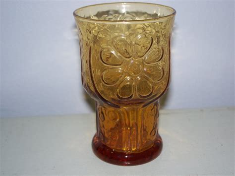 Vintage Libbey Glass Co Amber Juice Glass With Flower Pattern Country Garden Haute Juice