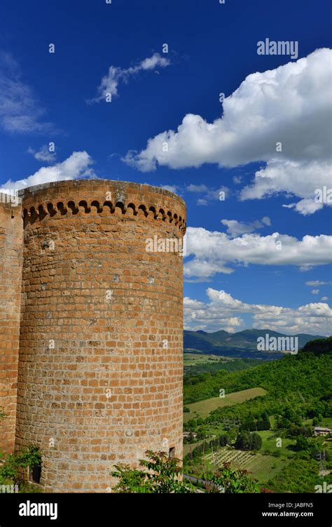 Orvieto Ancient Medieval City Walls With Round Tower And Countryside