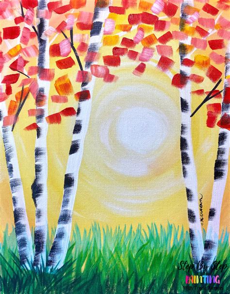 Fall Aspen Tree Sunset Very Beginner Acrylic Painting Tutorial Download