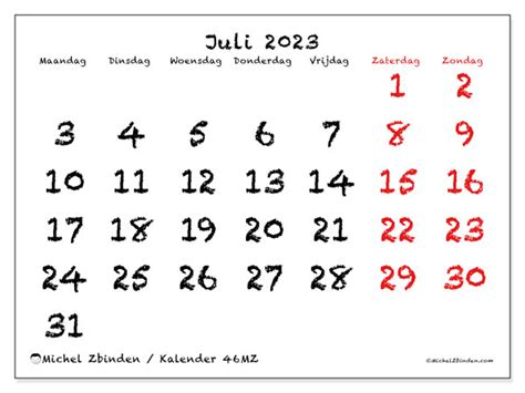 Kalender Juli 2023 Om Af Te Drukken “46mz” Michel Zbinden Sr