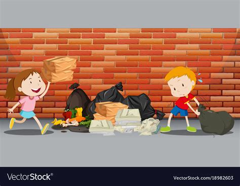 Two Kids Throwing Trash On Street Royalty Free Vector Image