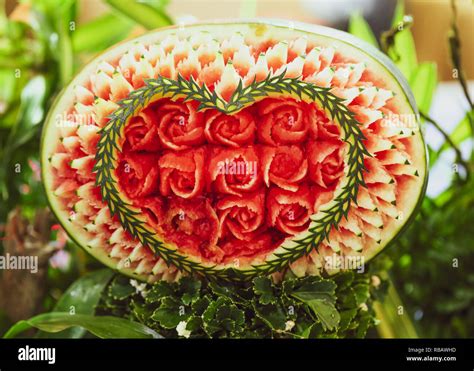 Fruit And Vegetable Carvings Display Thai Fruit Carving Stock Photo