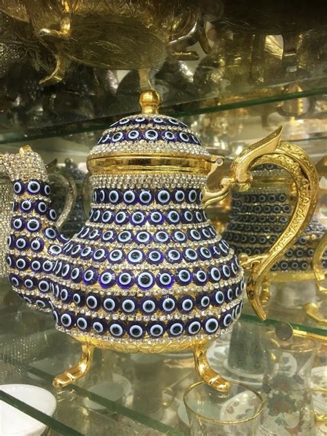 Turkish Handmade Swarovski Crystals Coated Copper Teapot Evil Eye