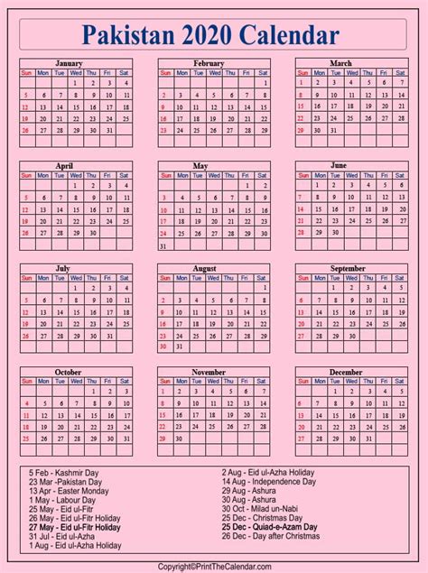 Pakistan Calendar 2020 With Pakistan Public Holidays