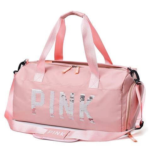 Pink Duffle Bag Black Travel Bag Pink Sequins Shoulder Women Gym