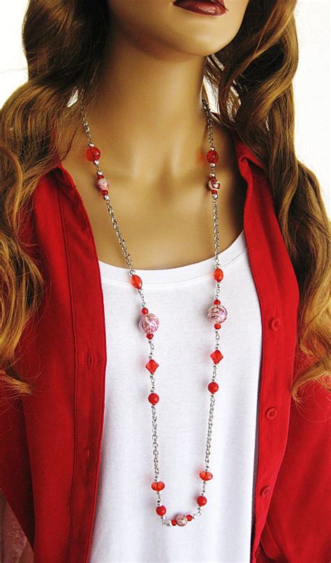 Long Red Beaded Necklace Silver Chain Long Necklaces Red Etsy Avec