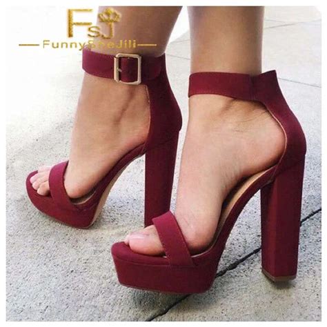 Womens Maroon Ankle Strap Sandals Open Toe Chunky Heel Sandals Summer