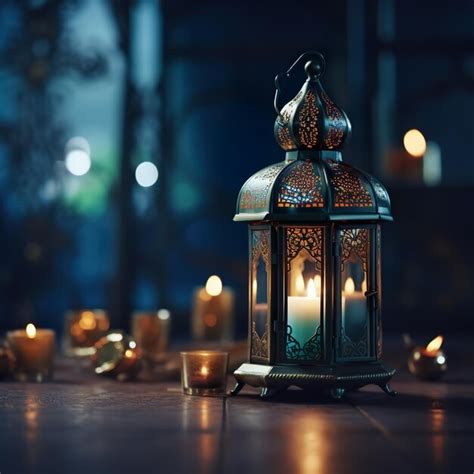Premium Ai Image Ornamental Arabic Lantern With Burning Candle