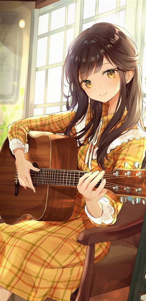 1440x2960 Anime Girl Playing Guitar Instrument Music Cute Brown