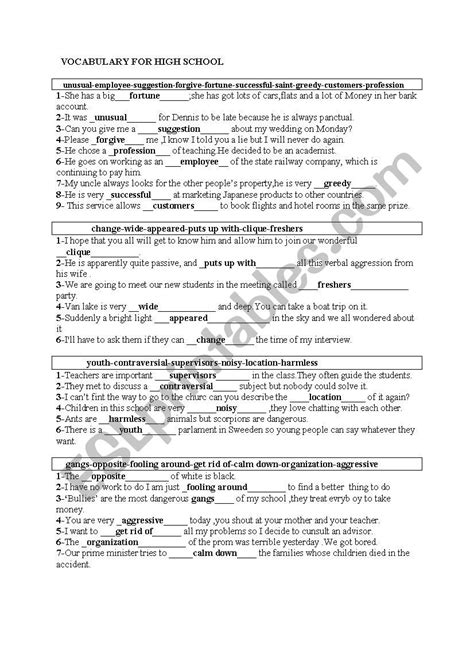 Vocabulary Worksheets High School School Worksheets Printable