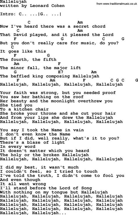 Leonard Cohen Song Hallelujah Lyrics And Chords Hallelujah Lyrics