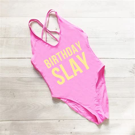 birthday slay letter bikini high cut women swimwear one piece swimsuit back cross bathing suit