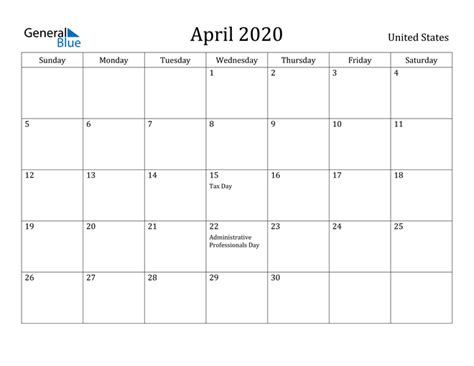 United States April 2020 Calendar With Holidays
