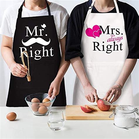 2 Pack Couple Cooking Aprons With Pockets Mr Right And Mrs Always Romantic 8411254249053 Ebay