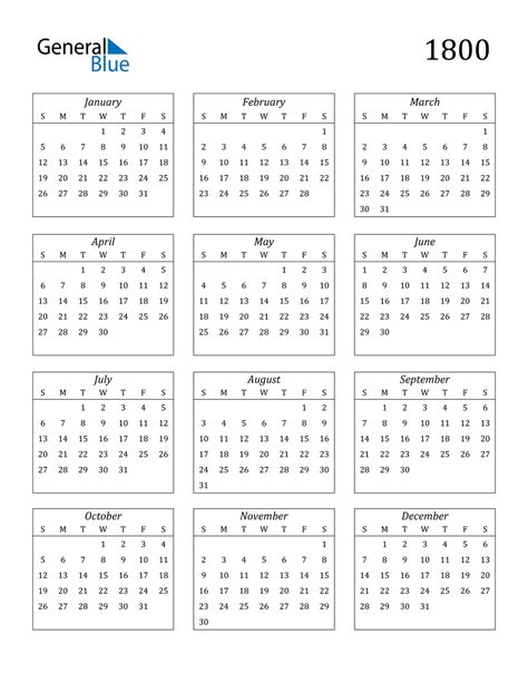 1800 Calendar Pdf Word Excel