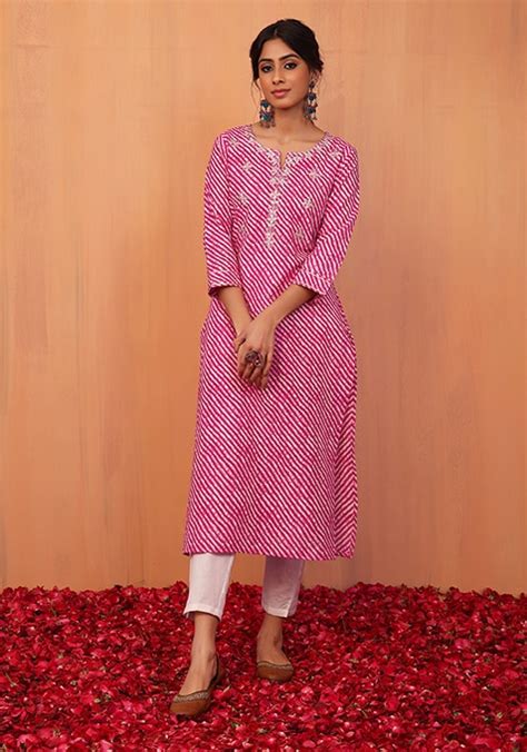 Buy Women Pink Leheriya Print Embroidered Cotton Kurta Straight