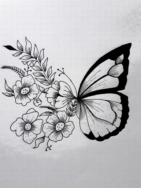 A Black And White Drawing Of A Butterfly With Flowers On Its Back Side