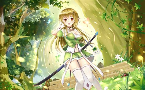 Wallpaper Forest Illustration Blonde Long Hair Anime Girls Thigh