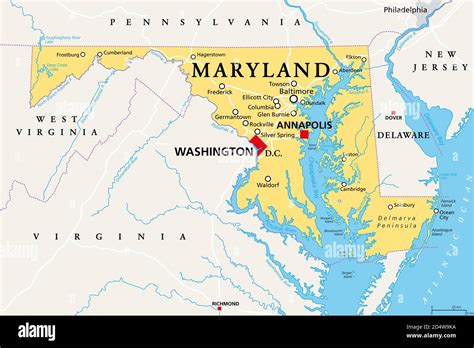 Maryland Md Mapa Político Estado En La Región Del Atlántico Medio De