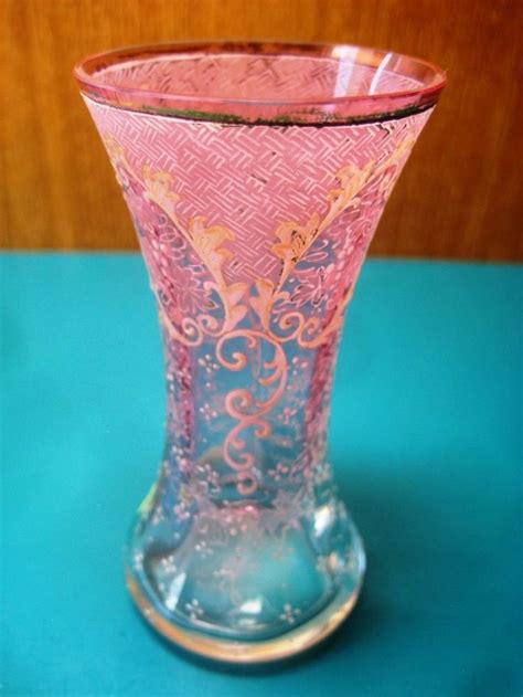 Gorgeous Antique 3 Moser Gold Enamel Cranberry Glass Bud Vase Bohemian Czech Cranberry Glass