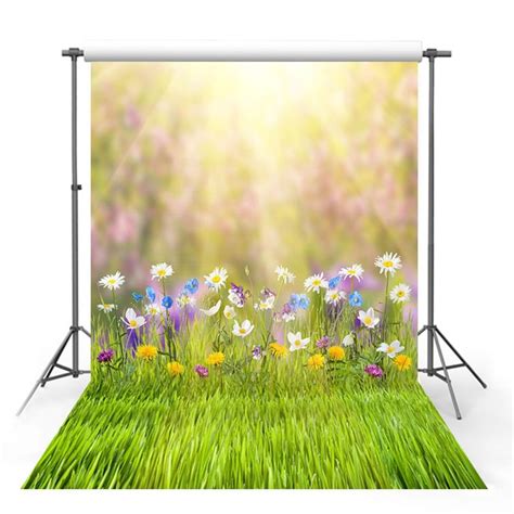 Vinyl Photography Backdrop Spring Season Green Lawn Wildflower Sunlight