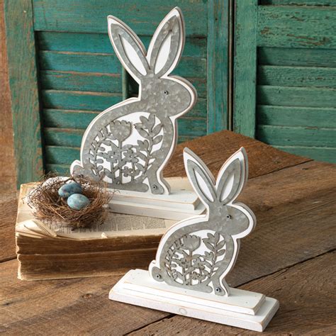 Set Of Two Wooden Bunnies With Metal Cutouts Floral Metal Etsy