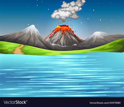 Volcano Eruption In Nature Forest Scene At Daytime