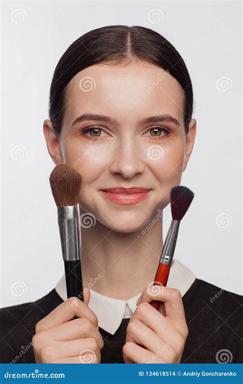 Beautiful Woman Holds Makeup Brushes Stock Photo Image Of Health