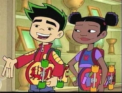 Two Cartoon Characters Standing Next To Each Other In Front Of A Shelf Filled With Bottles