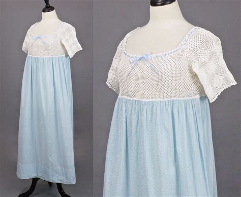 Edwardian Nightgown Antique 1910s Blue Cotton Crochet Nightgown With