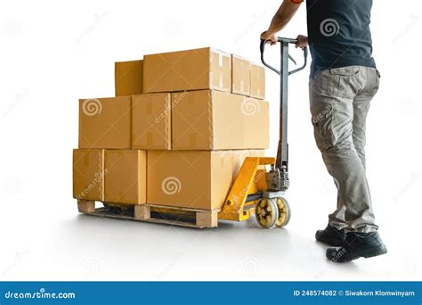 Workers Using Hand Pallet Truck Unloading Packaging Boxes On Pallet Isolated On White