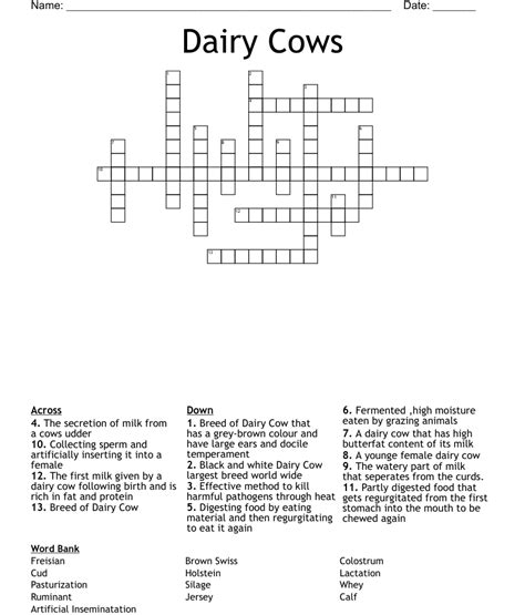 Dairy Cows Crossword Wordmint