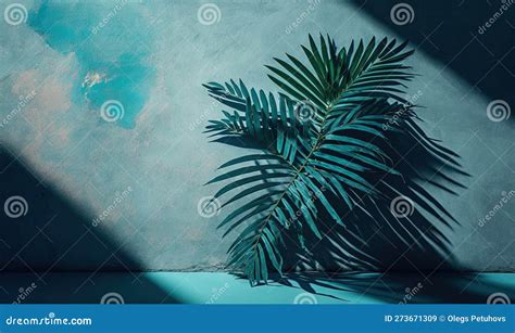 A Palm Tree Casts A Shadow On A Wall With A Blue Background Stock