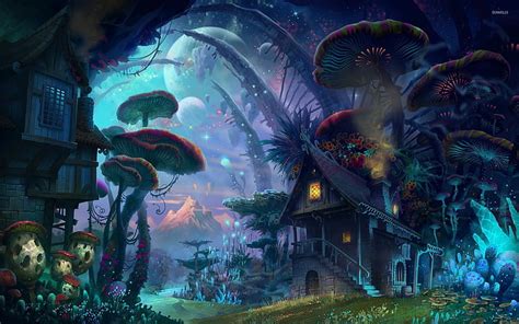 Hd Wallpaper Artistic Fantasy Forest Mushroom Night Purple