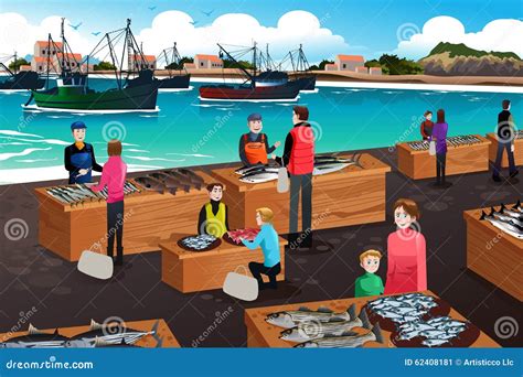 Fish Market Scene Stock Vector Illustration Of Shopper 62408181