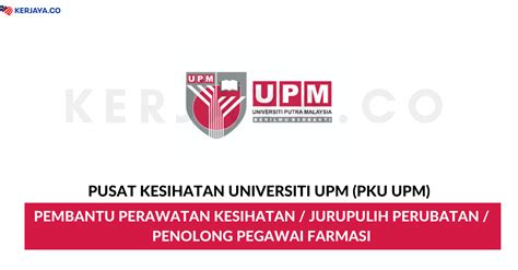 Permohonan adalah dipelawa daripada warganegara malaysia yang berkelayakan untuk mengisi kekosongan jawatan kosong di universiti putra malaysia (upm) sebagai : Jawatan Kosong Terkini Pusat Kesihatan Universiti UPM (PKU ...